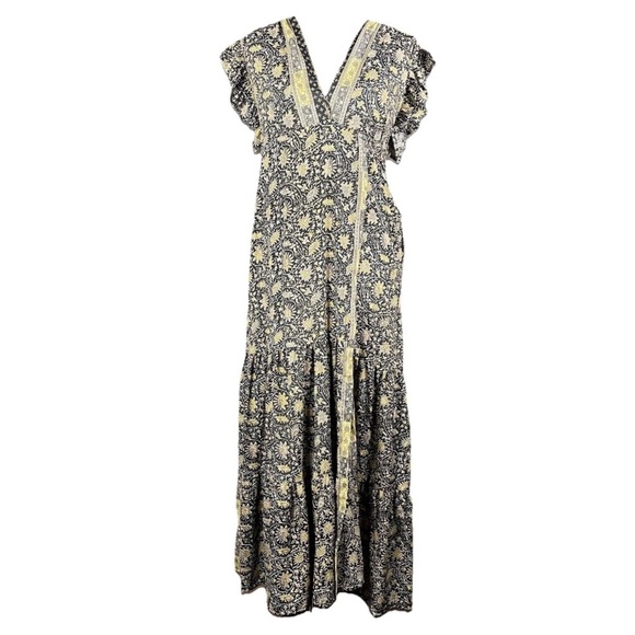 PAANI Women’s L Romantic Boho Chic Textured Black Gold Wrap Paisley Midi Dress - Picture 1 of 12